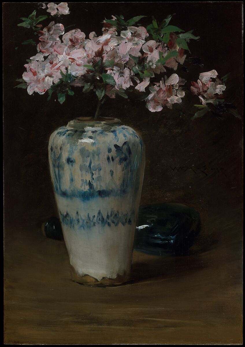 Pink Azalea—Chinese Vase, William Merritt Chase  American, Oil on wood, American