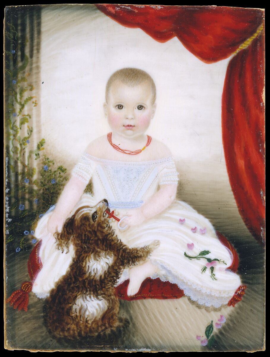Baby with Rattle and Dog, Mrs. Moses B. Russell (Clarissa Peters)  American, Watercolor and gouache on ivory, American