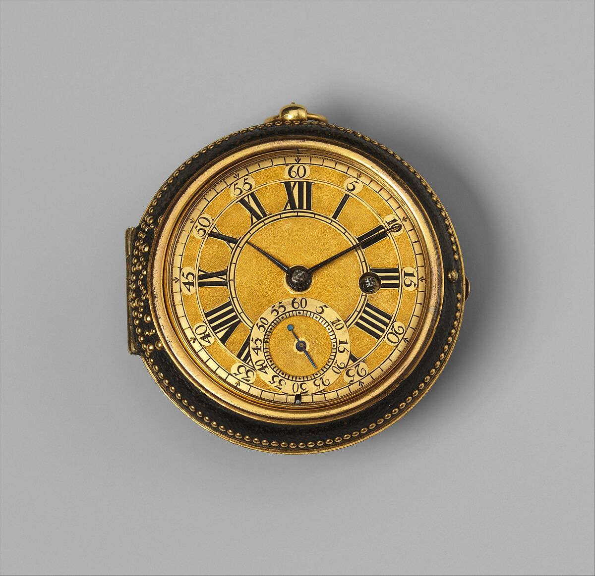Pair-case watch, Thomas Tompion  British, Outer case: leather with gold studs; inner case and dial: gold with blued-steel hands; movement: gilded brass, partly blued steel, silver, British, London