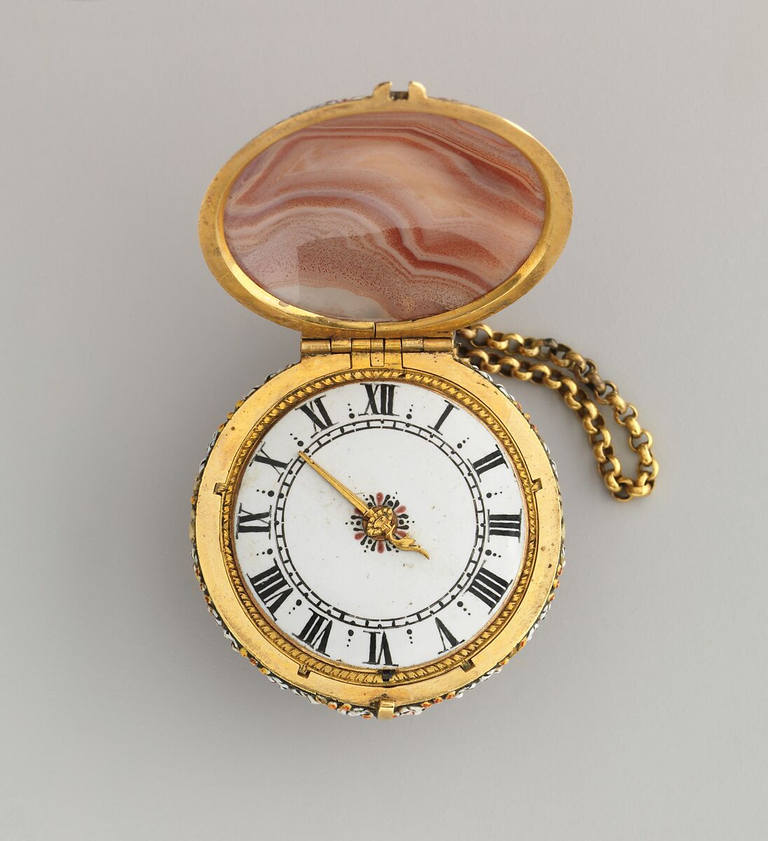Watch, Charles Bobinet  Swiss, Case: agate with enameled golt mounts; Dial: white enamel with gold hand; Movement: gilded brass and partly blued steel, Swiss, Geneva