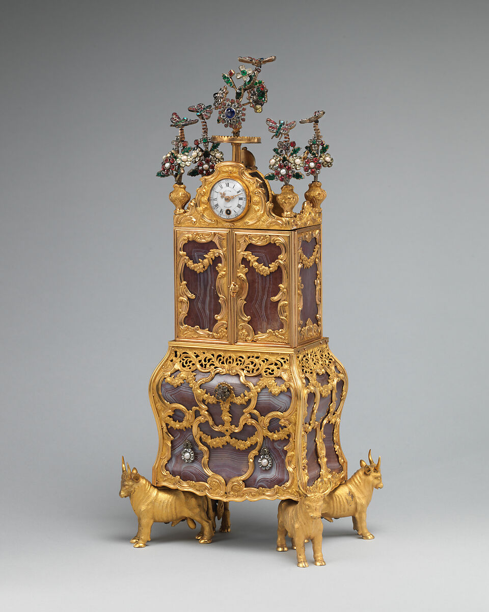 Miniature secretary incorporating a watch, James Cox  British, Case: agate, with gold mounts, gilded brass, pearls, and paste jewels set in silver; Dial: white enamel; Movement: wheel balance and cock set with paste jewels, British, London