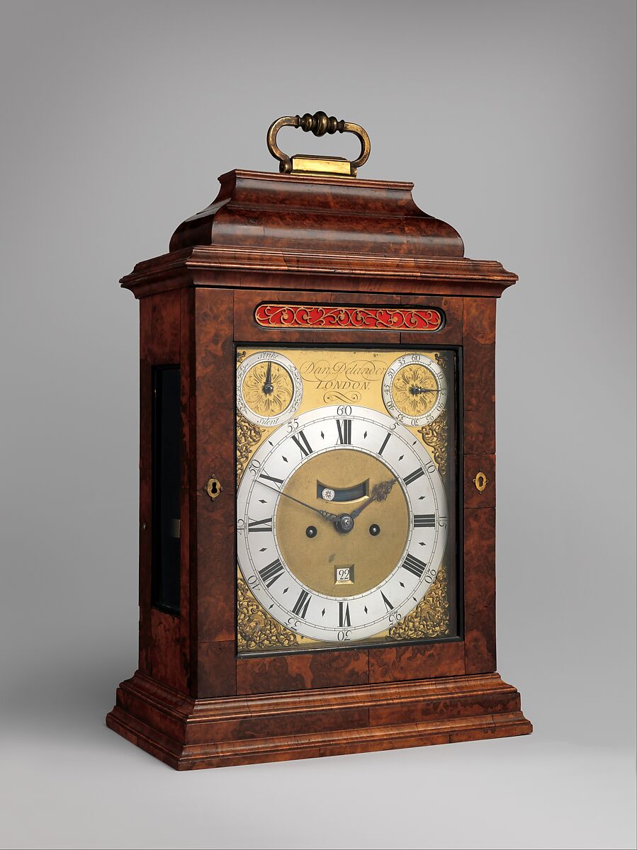 Table or bracket clock with calendar, Daniel Delander  British, Case: walnut, oak veneered with walnut and burl walnut; stained wooden moldings; and brass fittings; Dial: gilded and silvered brass; Movement: brass and steel, British, London