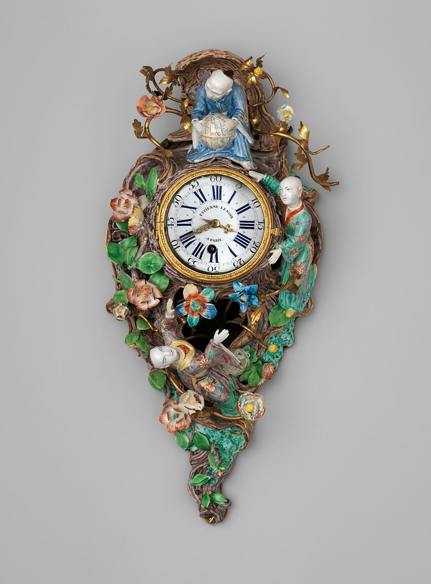 Wall clock (cartel), Etienne LeNoir  French, Case: soft-paste porcelain and partly gilded brass; Dial: white enamel; Movement: brass and steel, French, Paris with French, Chantilly case