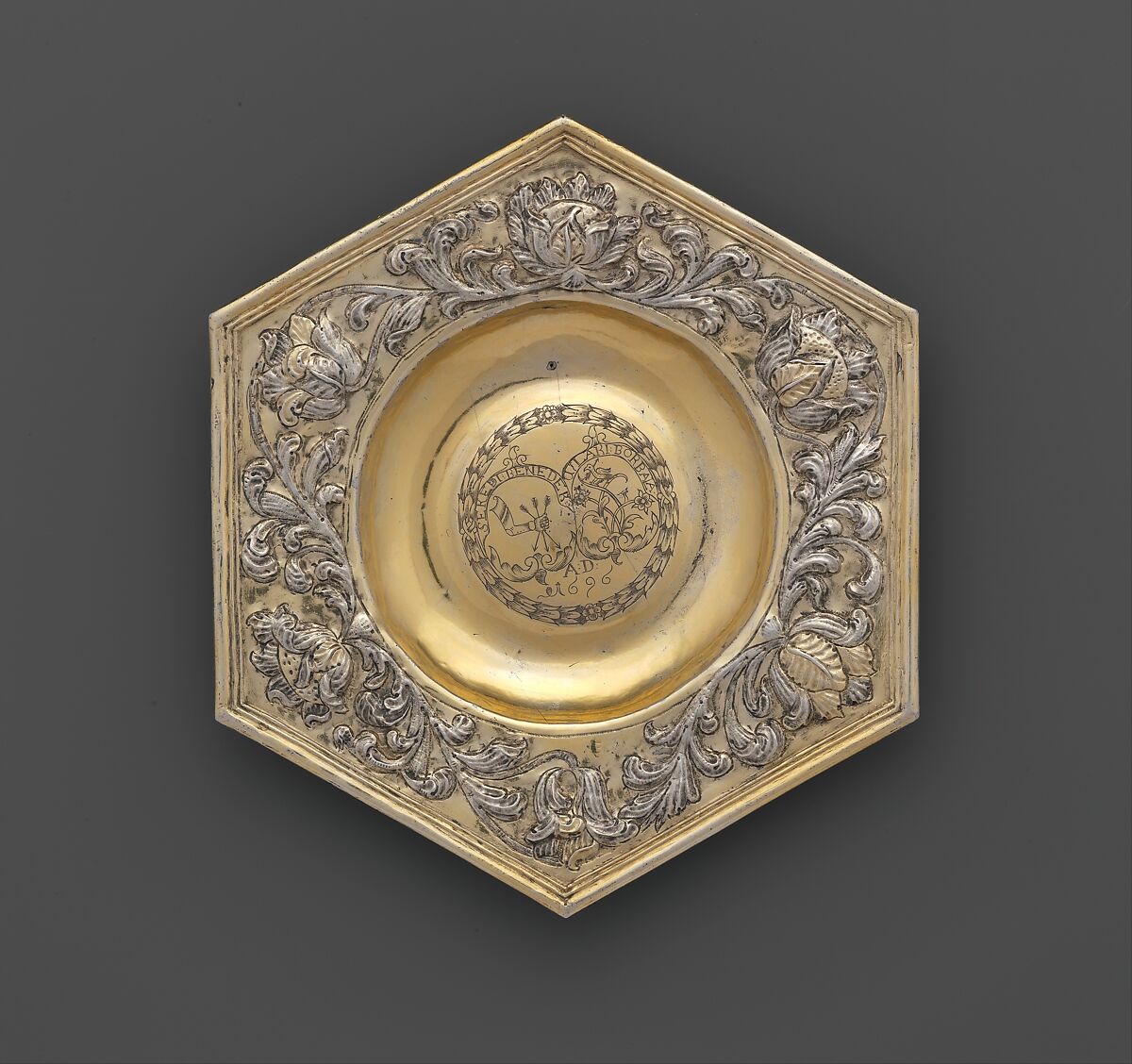 Hexagonal dish, Silver, partly gilded, Hungarian, Transylvania