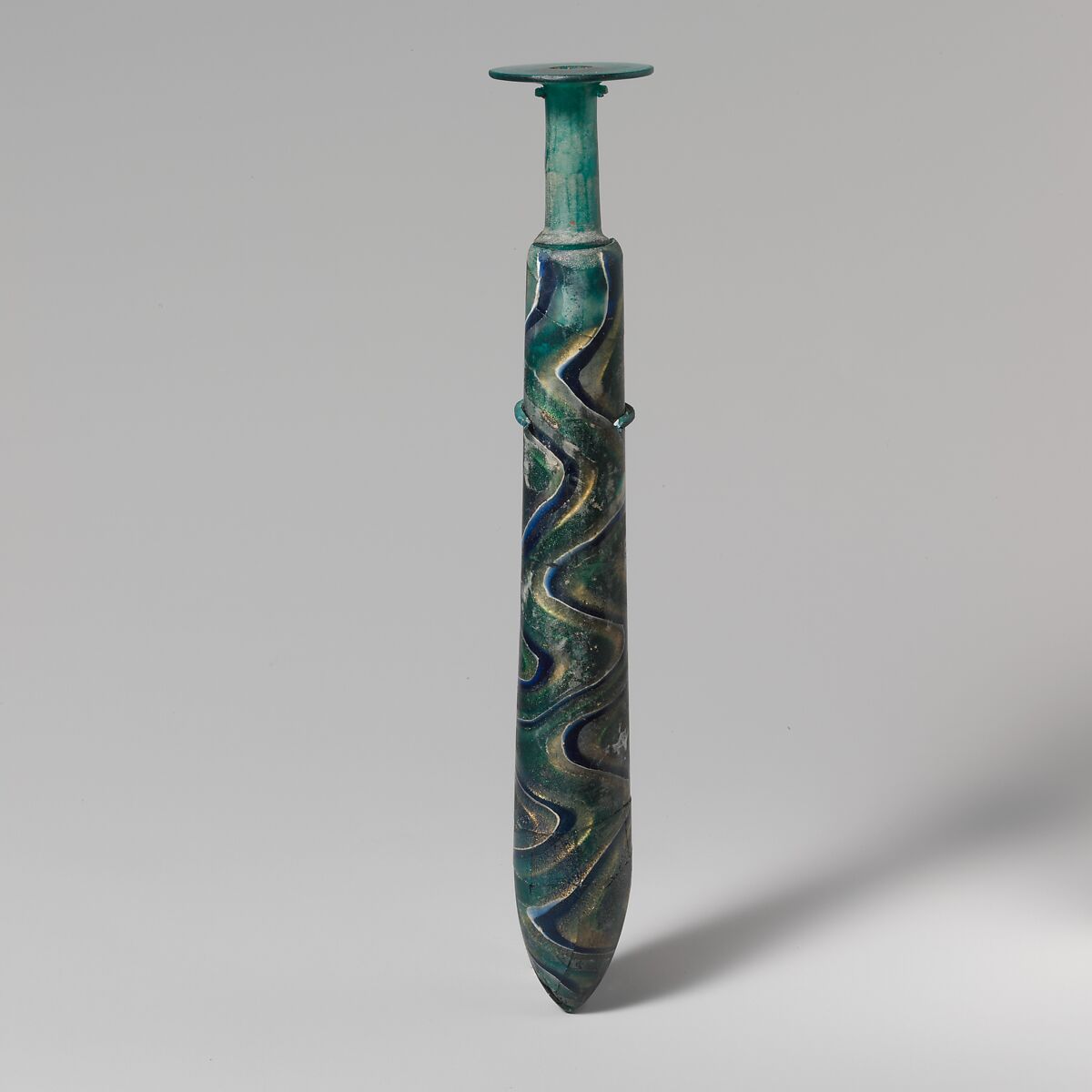 Glass gold-band mosaic alabastron (perfume bottle), Glass and gold leaf, Greek