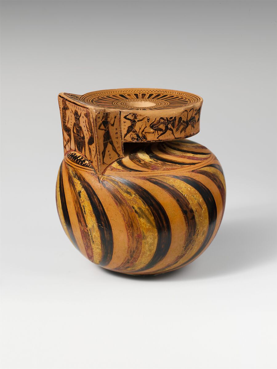 Terracotta aryballos (oil flask), Nearchos as potter, Terracotta, Greek, Attic