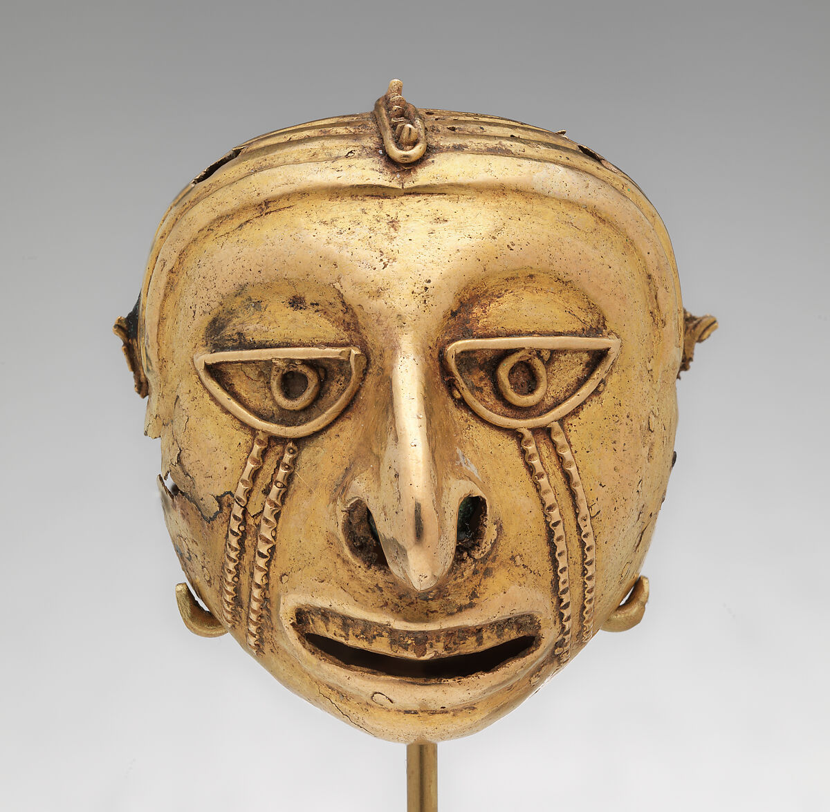 Head-shaped bell, Mexica or Mixtec (Ñuu Savi) artists, Gold (cast), Mexica (Aztec) 