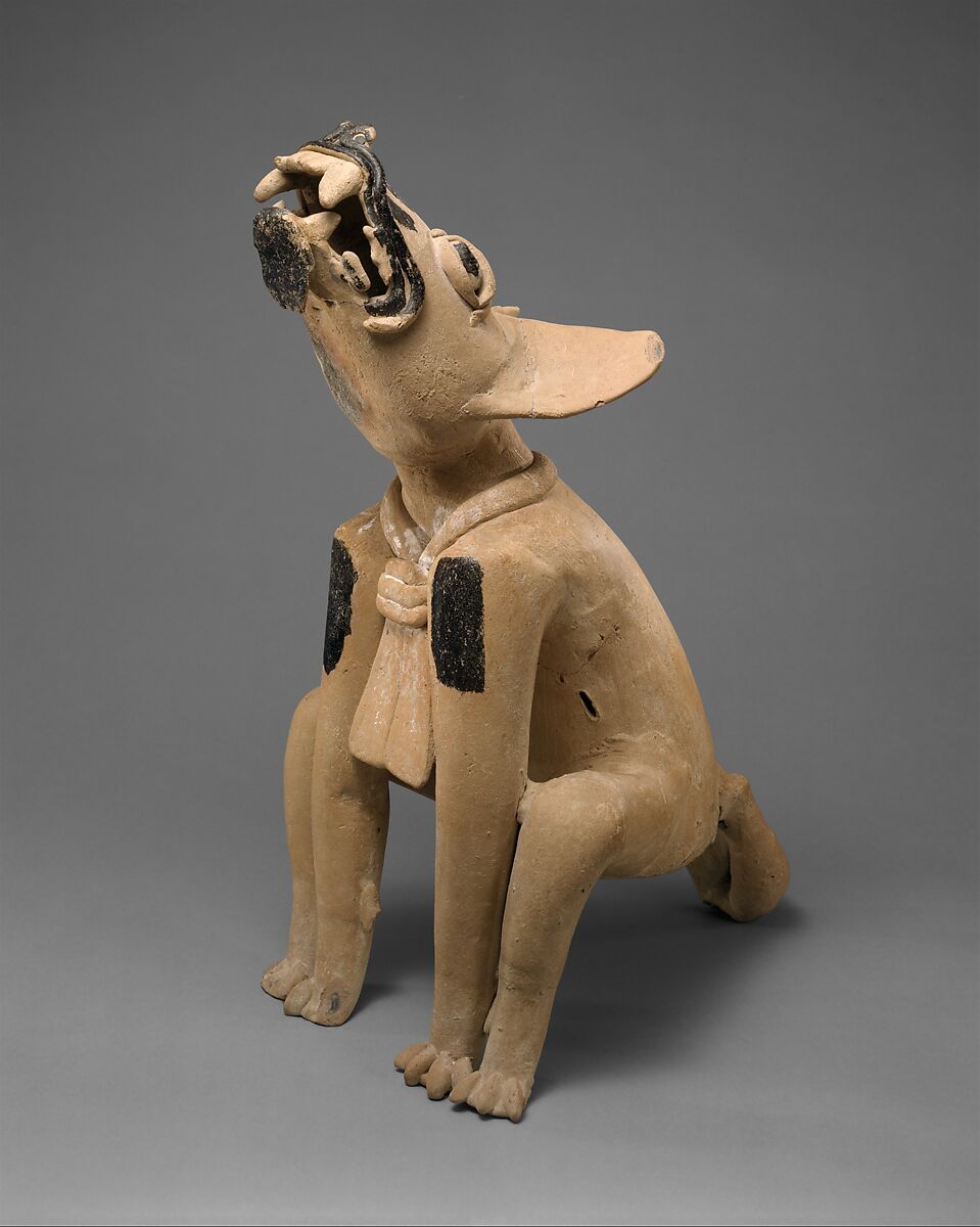 Howling canine, South central Veracruz artist(s), Ceramic, tar paint (chapopote), Classic Veracruz 