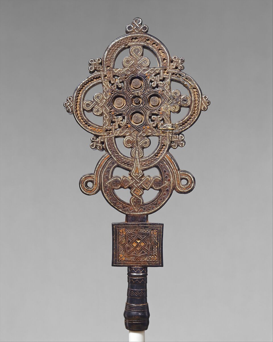 Mäsqälä qǝddase (liturgical cross), Ezra  Ethiopian, Wood, tin