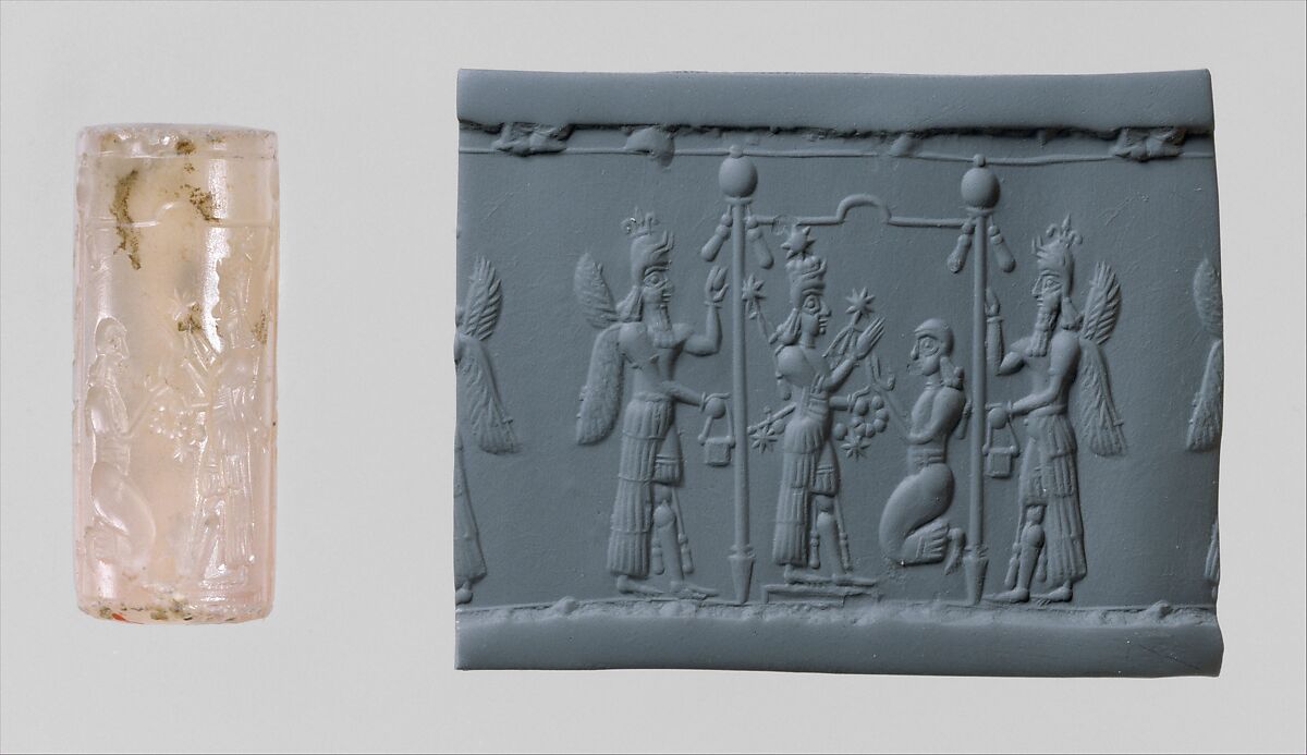 Cylinder seal with cultic scene
, Flawed neutral Chalcedony (Quartz), Assyrian