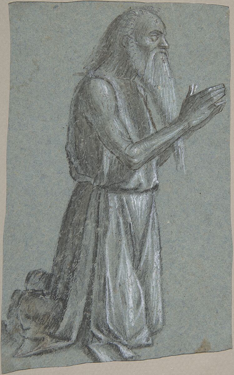 Saint Jerome (recto); Soldier with a Spear (verso), Vittore Carpaccio  Italian, Brush with black ink and gray wash, over traces of black chalk or charcoal, highlighted with white gouache on blue paper (recto); black chalk, highlighted with white gouache, with some brush and gray wash (verso)