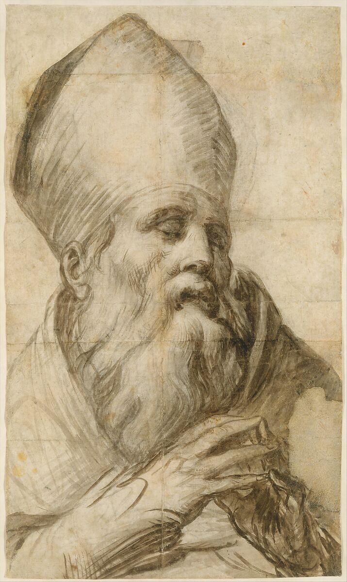 Bishop Saint in Bust-Length (Cartoon for an Altarpiece), Parmigianino (Girolamo Francesco Maria Mazzola)  Italian, Brush and brown wash over black chalk