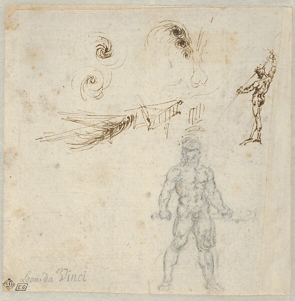 Studies for Hercules Holding a Club Seen in Frontal View, Male Nude Unsheathing a Sword, and the Movements of Water (Recto); Study for Hercules Holding a Club Seen in Rear View (Verso), Leonardo da Vinci  Italian, Pen and brown ink; soft black chalk or charcoal (recto); soft black chalk or charcoal (verso)