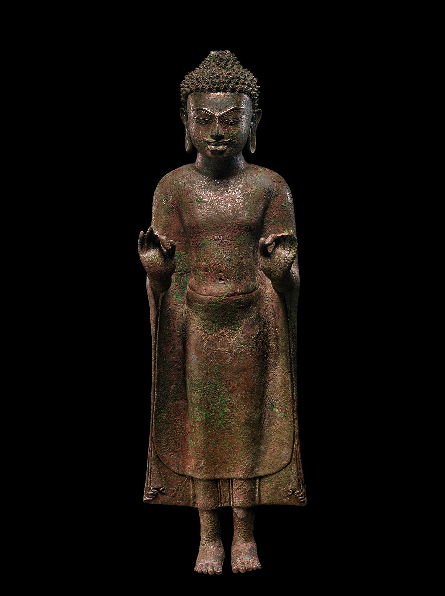 Buddha Preaching, Copper alloy inlaid with silver and glass or obsidian, Plai Bat II Temple, Lahan Sai District, Buriram Province, Thailand