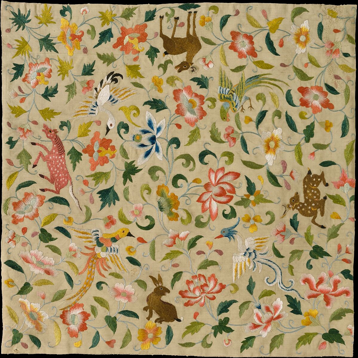 Textile with Animals, Birds, and Flowers, Silk embroidery on plain-weave silk, Eastern Central Asia