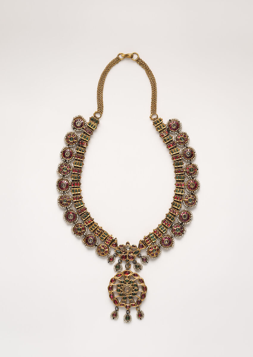Necklace, Gold, diamonds, colorless sapphires, rubies, imitation emeralds (colorless rock crystal over green foil), and pearls