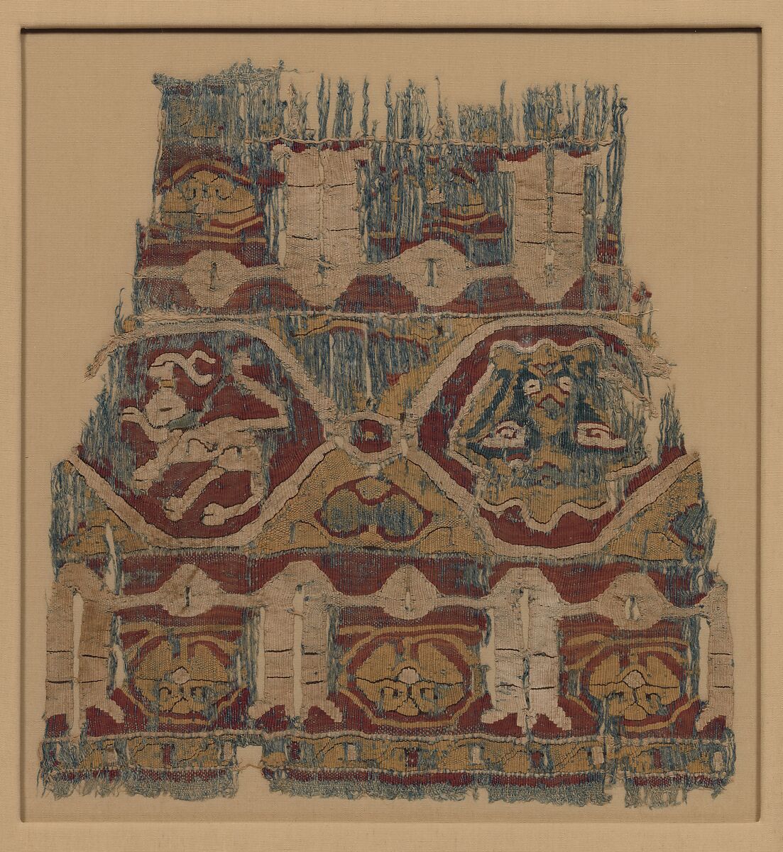 Textile Fragment, Linen and silk; plain weave, tapestry weave