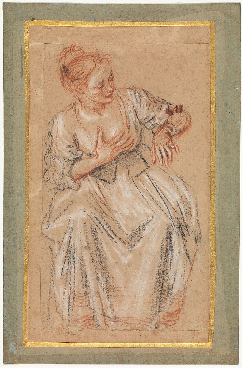 Seated Woman, Antoine Watteau  French, Black, red and white chalk