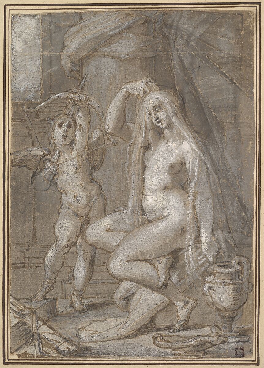 Venus and Amor, Bartholomeus Spranger  Netherlandish, Pen and brown ink, light and dark brown and gray wash, heightened with white (partially oxidized); traced for transfer.
