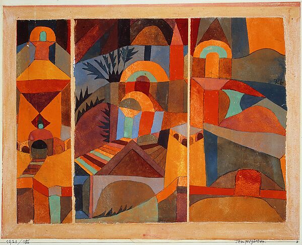 Temple Gardens, Paul Klee  German, born Switzerland, Gouache and traces of ink on three sheets of paper mounted on paper mounted on cardboard