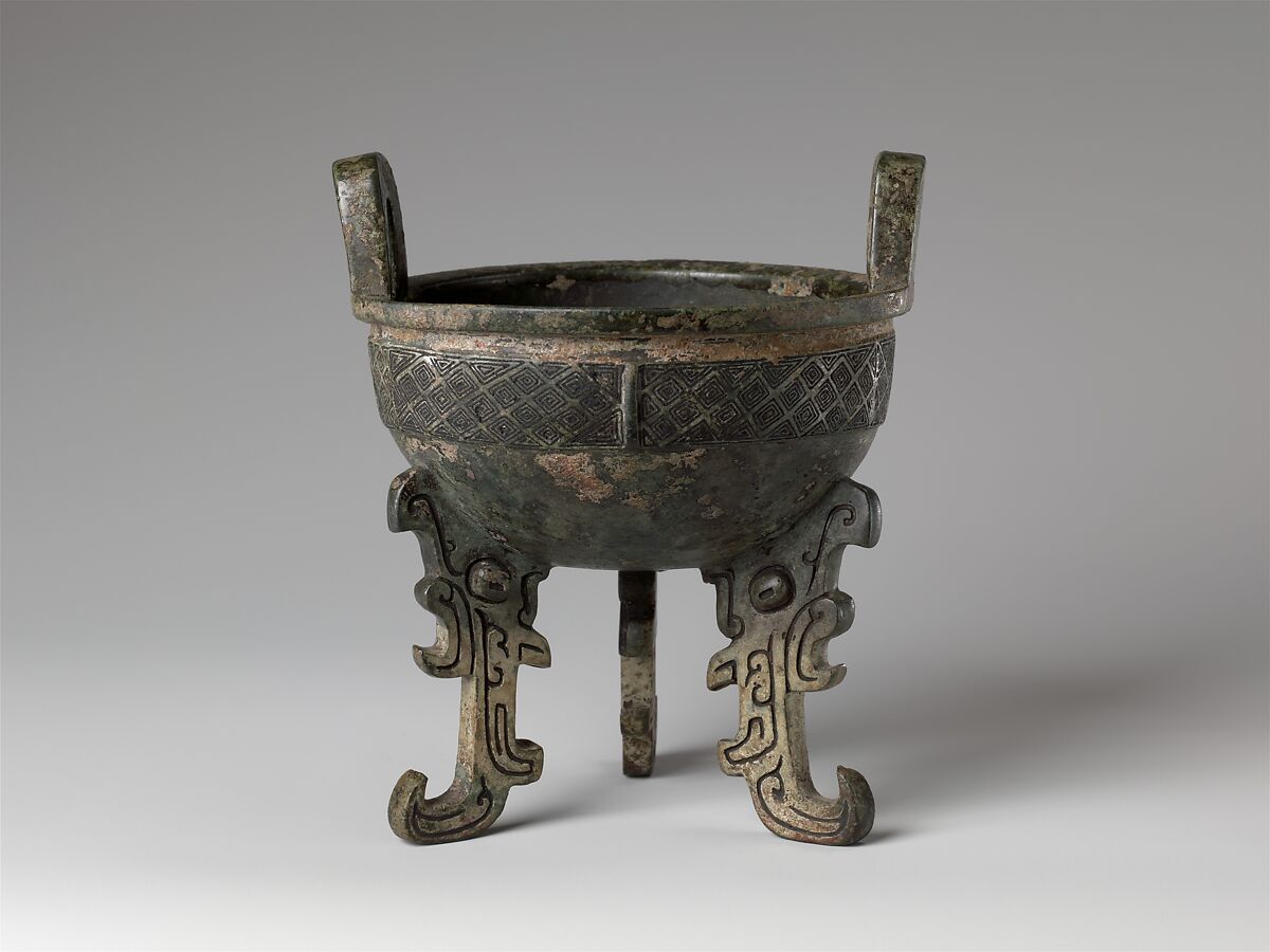Tripod cauldron (ding), Bronze, black pigment inlay, China