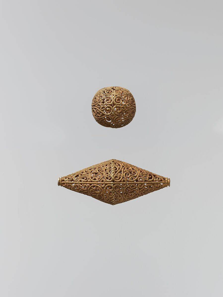 Spherical and Biconical Gold Beads, Gold; filigree and granulation
