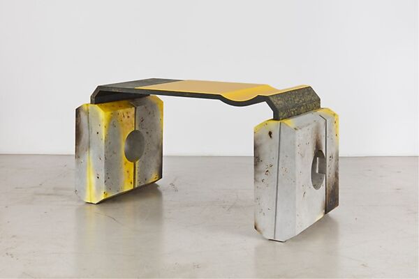 “ANAESTHESIA I” desk, Samuel Ross (British, born London 1991), Glass fiber reinforced concrete, aluminum, stainless steel, OSB (Oriented Strand Board, engineered wood), Abidjan clay, turmeric, acrylic, acrylic lacquer, polyurethane 