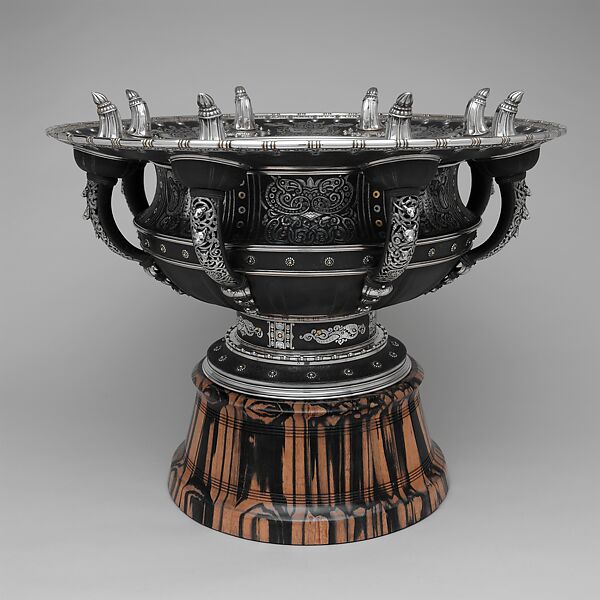 Viking Punch Bowl, Tiffany & Co., Iron, silver, gold, and streaked ebony, American